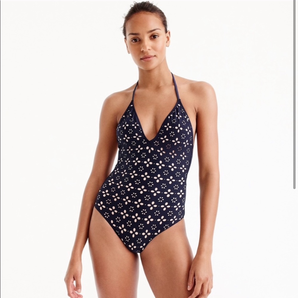 J. Crew Navy Eyelet Lasercut V-Neck Tie One Piece - Picture 2 of 8